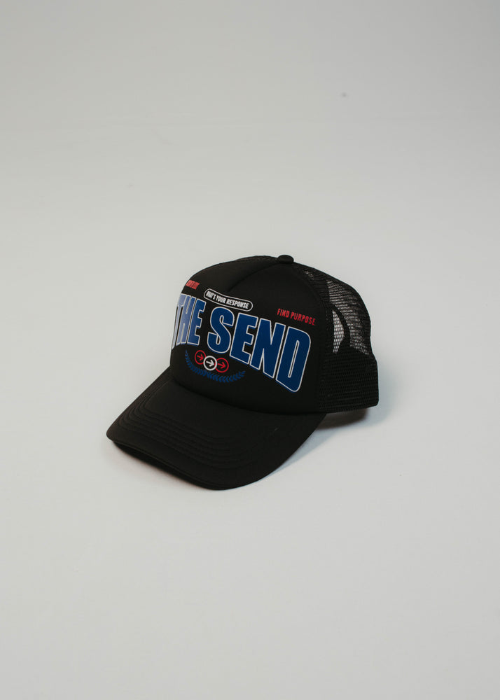 
                  
                    Load image into Gallery viewer, The Send Black Trucker Hat
                  
                